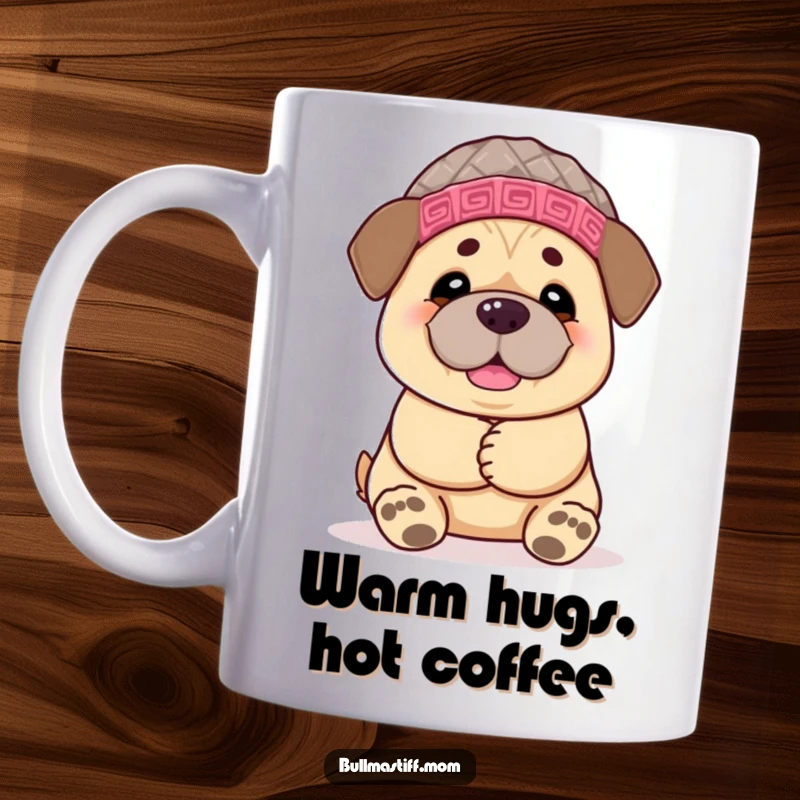 Funny Bullmastiff mug showing a cheerful dog wearing a knitted hat, its big paws extended for a warm, loving hug.