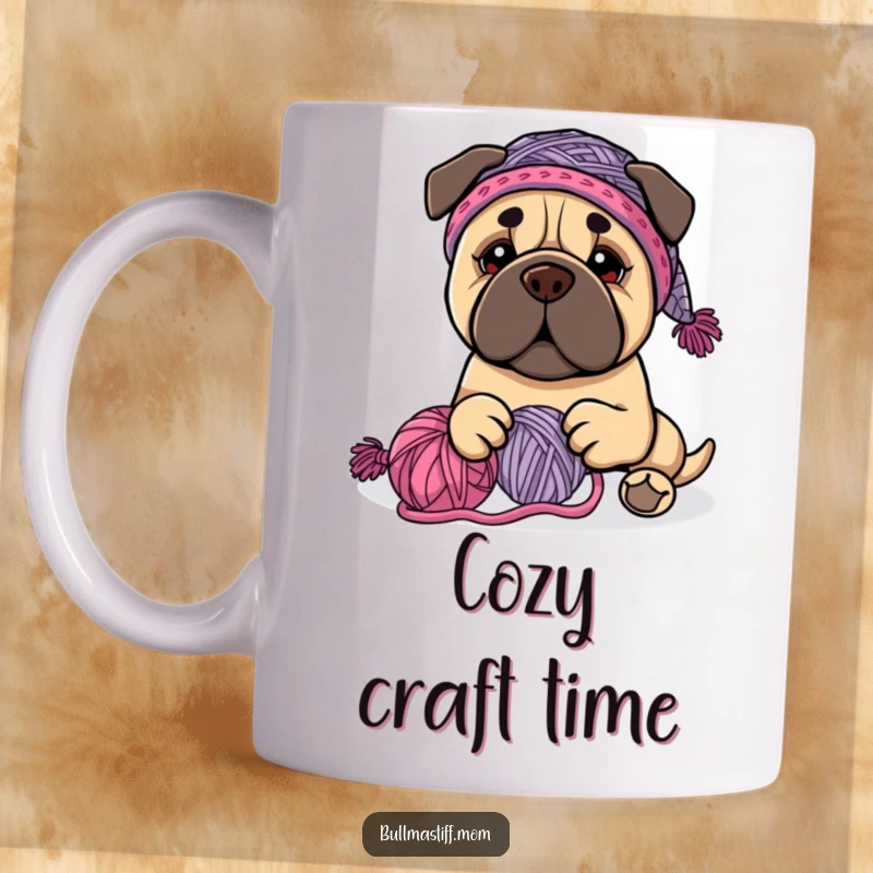 Funny Bullmastiff dog wearing a knit hat, happily playing with a ball of yarn, on a mug, ideal for a funny gift.