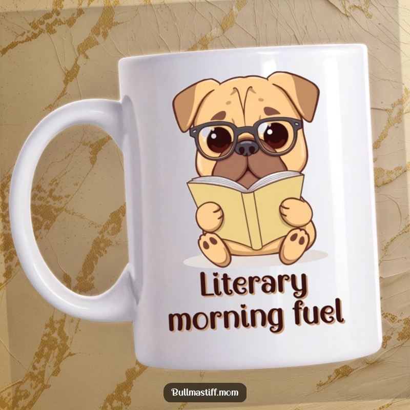 Funny Bullmastiff Mug: A Bullmastiff dog wearing reading glasses is engrossed in a book, looking scholarly.