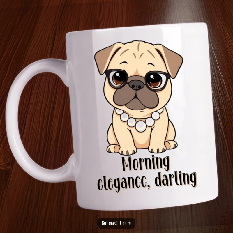 Funny Bullmastiff mug showing a large dog adorned with a pearl necklace, looking elegant and sophisticated.