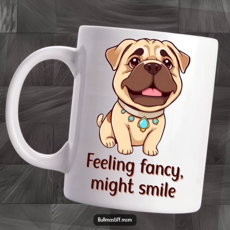 Funny Bullmastiff Pride Mug: A Bullmastiff wearing a sparkling jeweled collar beams with a gentle, proud expression.