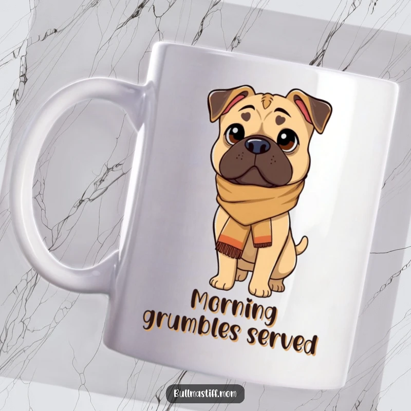 Funny Bullmastiff character wearing a chic scarf, looking remarkably sophisticated and stylish in this mug design.