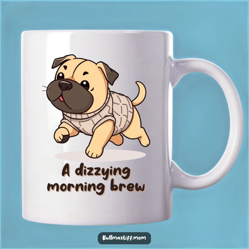 Funny Bullmastiff Sweater Tail Chase Mug, Playful Dog Gift, Hilarious Action