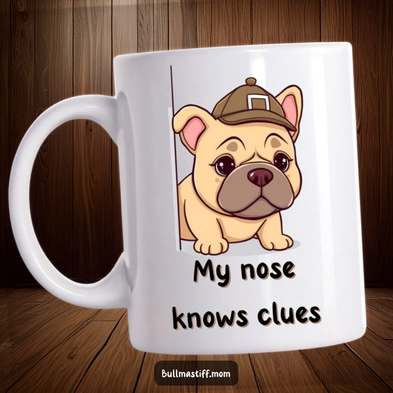 Funny Bullmastiff mug with a tiny detective hat peeking around a corner, looking curious and ready for mystery.