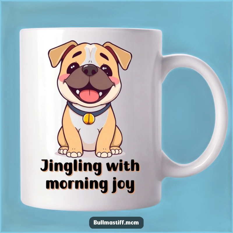 Funny Happy Bullmastiff Mug: Joyful Dog with Bell, Perfect Cheerful Gift