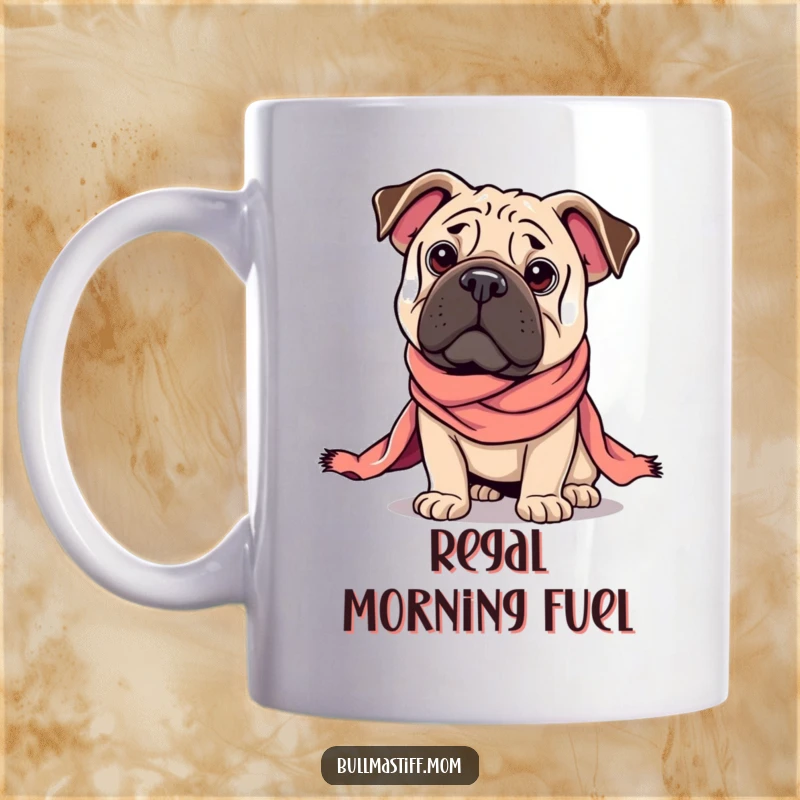 Funny Regal Bullmastiff mug featuring a dog in a majestic pose, draped in a silk scarf, exuding commanding humor.