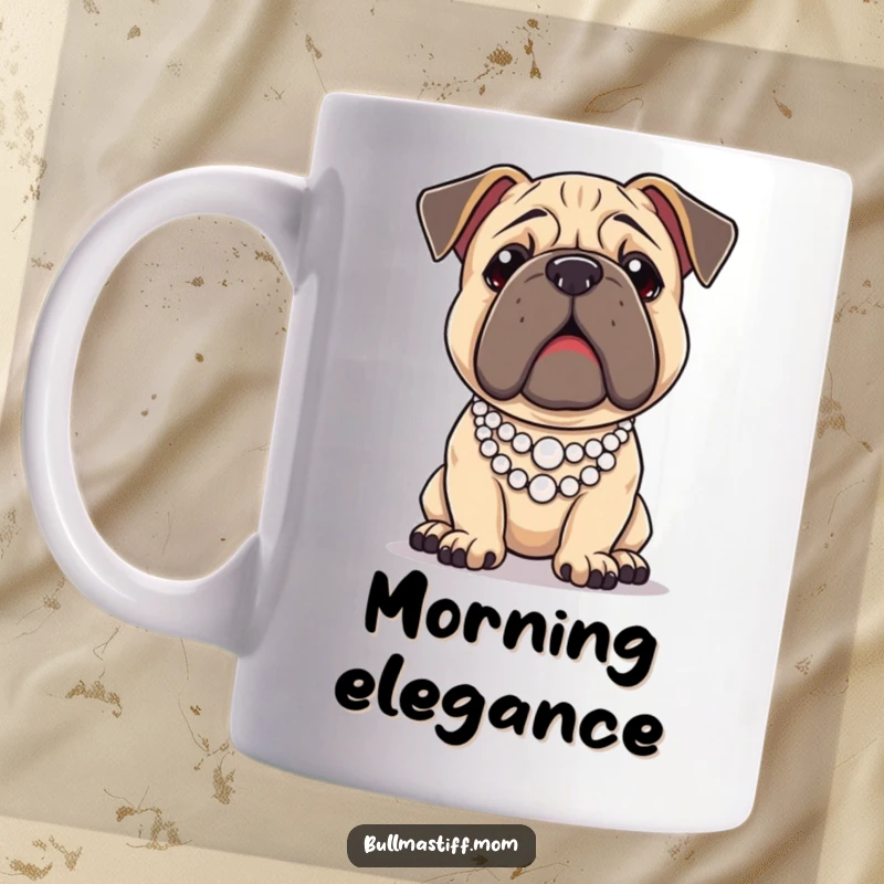 Funny Bullmastiff dog wearing a tiny pearl necklace and posing regally, featured on a sophisticated mug.
