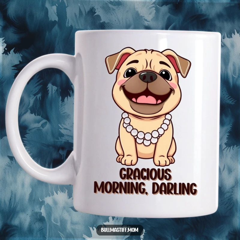Funny, cheerful Bullmastiff wearing a pearl necklace, smiling broadly on this mug.