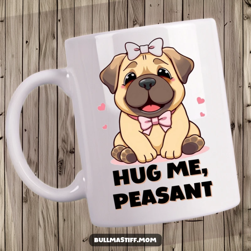 Funny Bullmastiff mug showing a happy dog with a bow, receiving a loving hug, radiating warmth and pure, unadulterated joy.