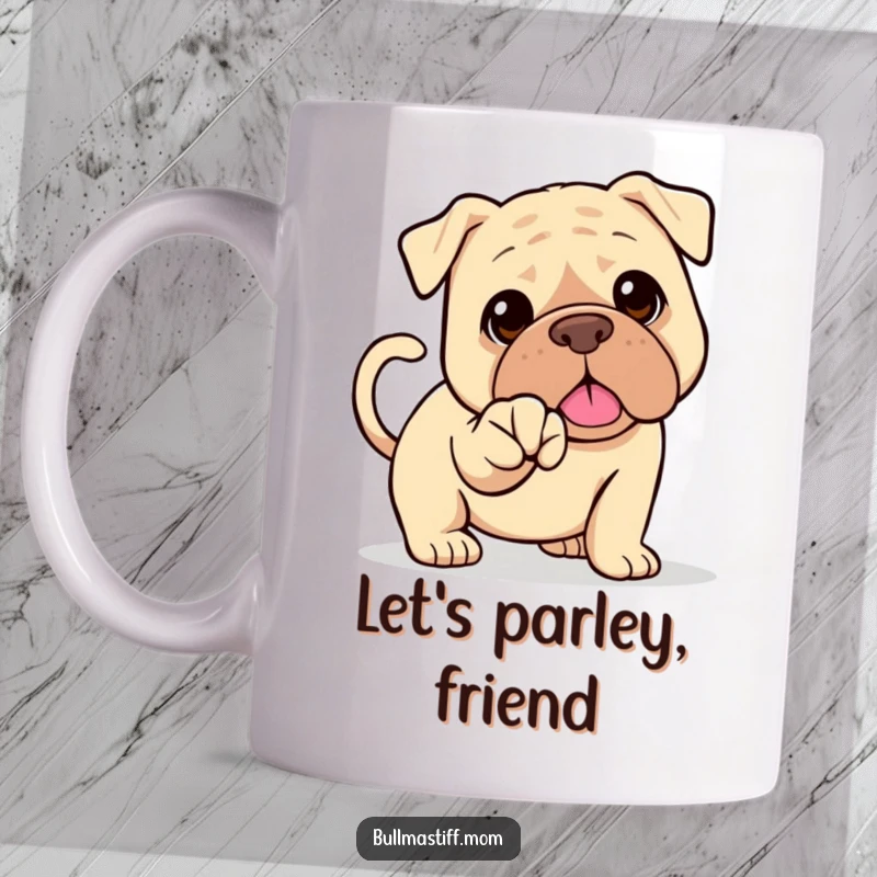 Funny Bullmastiff mug showing a happy dog with a wagging tail, extending its paw for a friendly handshake. Polite pup.