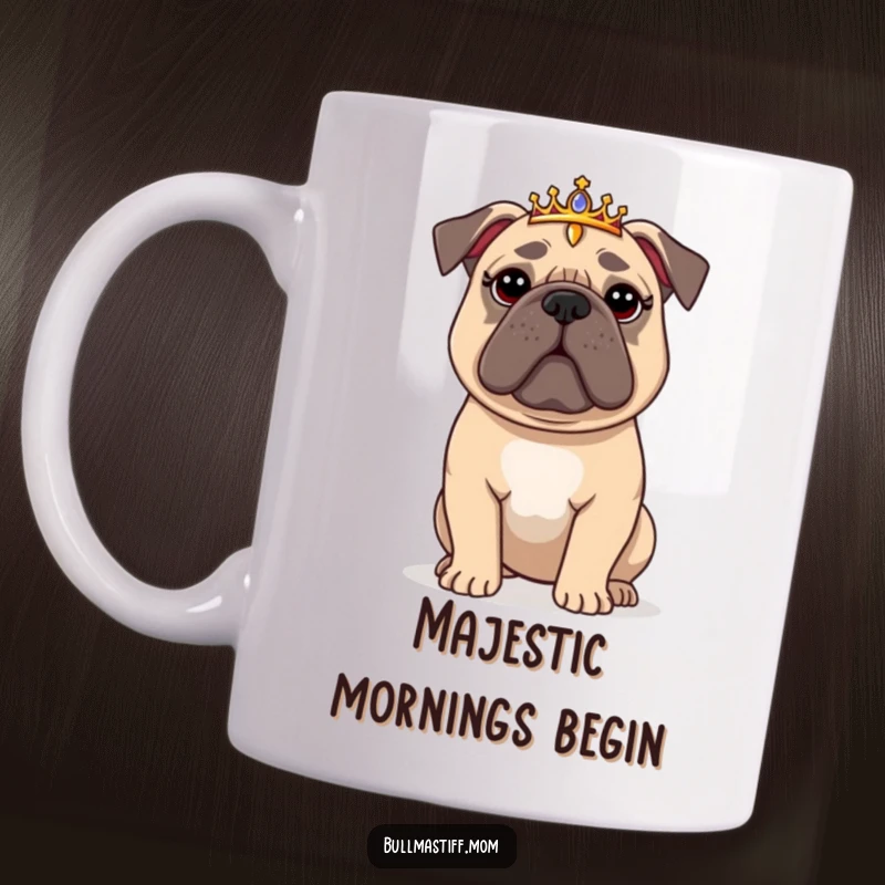 Funny Bullmastiff Mug: A regi Bullmastiff wearing a tiny tiara, looking regal yet slightly flustered, perfect for a humorous gift.