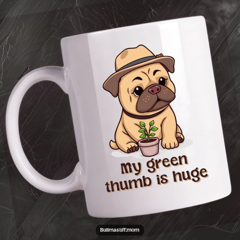 Funny Bullmastiff Gardener Mug: A dapper dog in a hat delicately waters a tiny potted plant, radiating calm and focus.