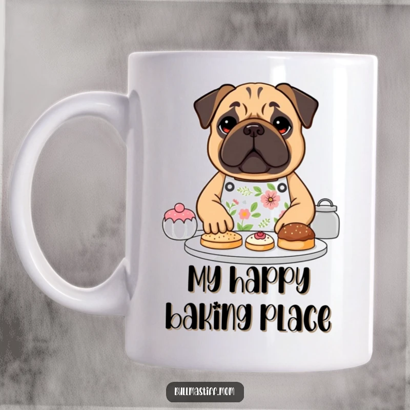 Funny Bullmastiff dog wearing a floral apron, happily baking pastries, on a mug, ideal for a funny gift.