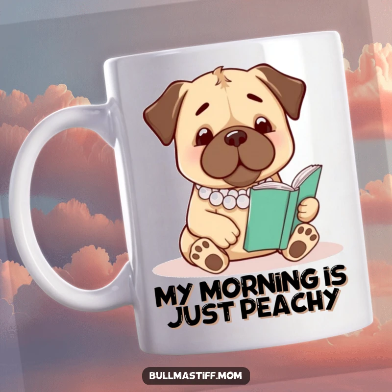 Funny Bullmastiff Mug: A sophisticated bullmastiff in pearls reads a book, exuding calm and literary charm.