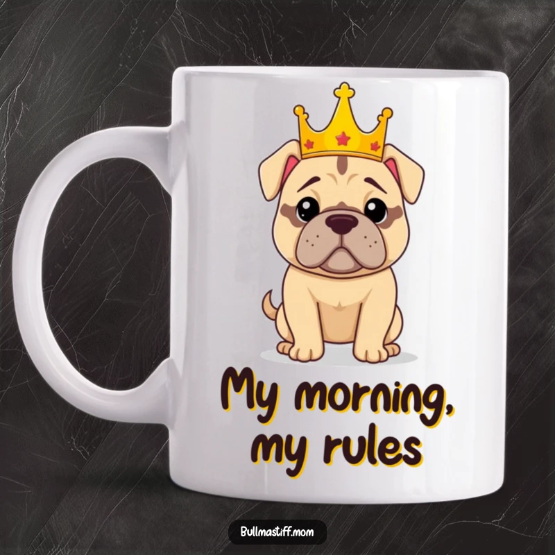 Funny royal Bullmastiff dog mug, a confident dog wearing a crown, posing majestically with a proud and noble expression.