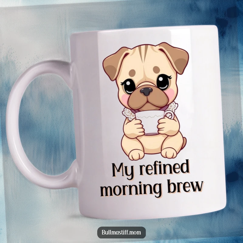 Funny Bullmastiff mug featuring a distinguished dog in a lace collar, delicately holding a teacup, exuding refined humor and charm.
