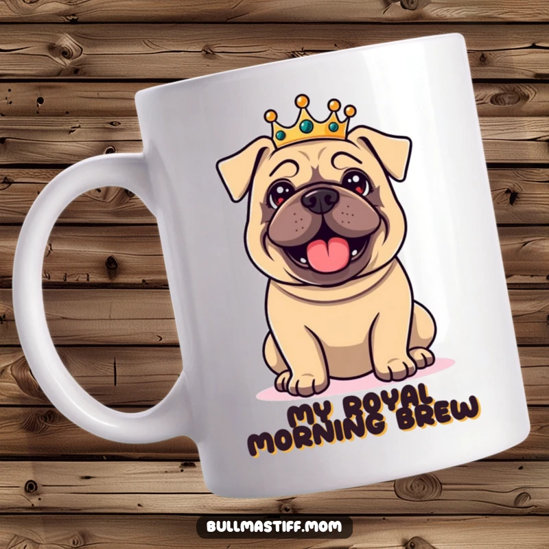 Funny Bullmastiff mug showcasing a delighted dog wearing a small, regal crown with a proud expression, perfect for royal pet lovers.