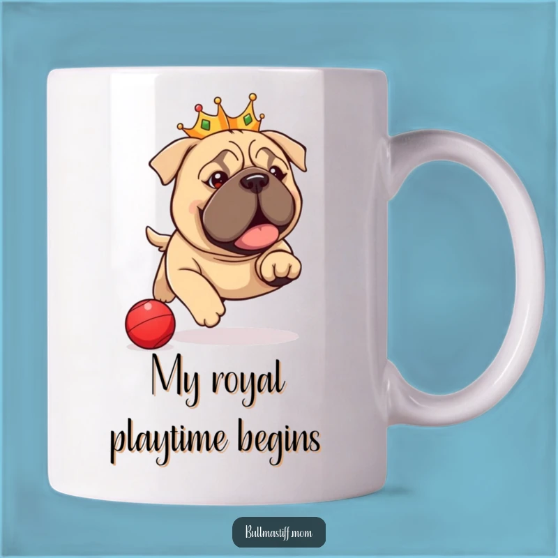 Funny Royal Bullmastiff Mug: Regal Pup Chasing Ball, Perfect Royal Gift
