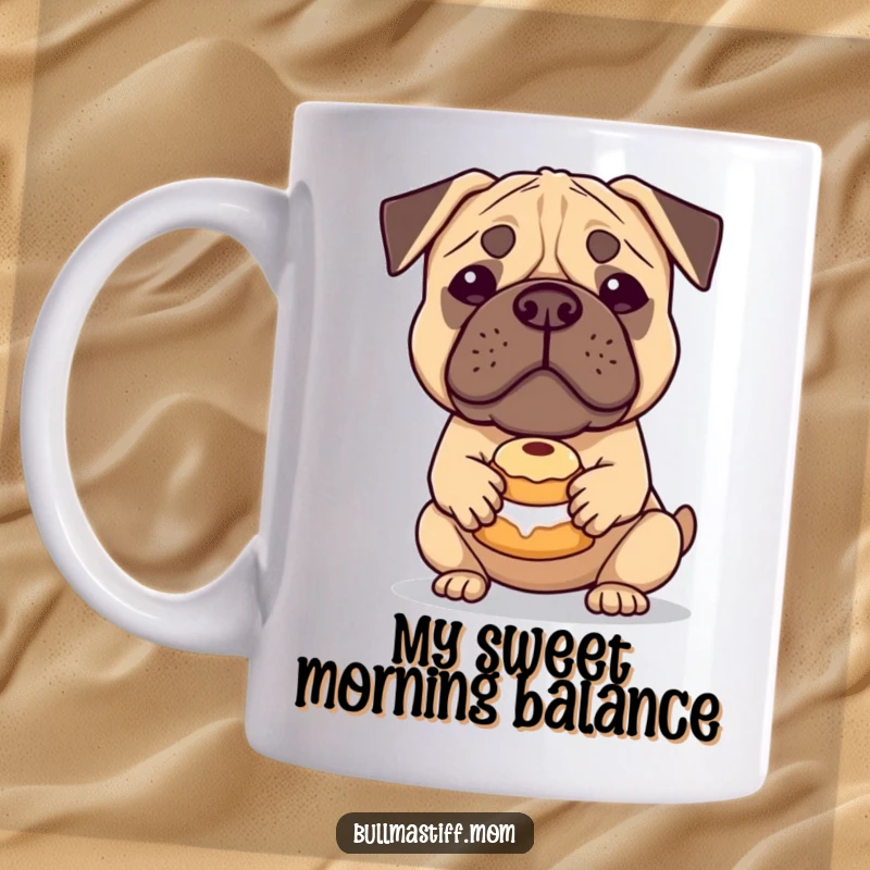 Funny Bullmastiff Mug: A sweet-faced Bullmastiff gently balances a tiny pastry on its nose, looking adorably precarious, 11 oz ceramic.
