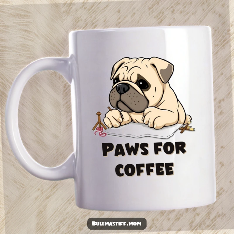 Funny Bullmastiff with large, clumsy paws attempting to embroider, depicted on a mug, showcasing adorable crafting struggles.