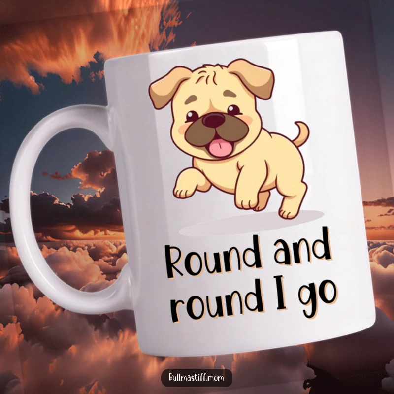 Funny Bullmastiff mug showing a silly dog with floppy ears, happily chasing its own tail in a chaotic circle. Gift idea.