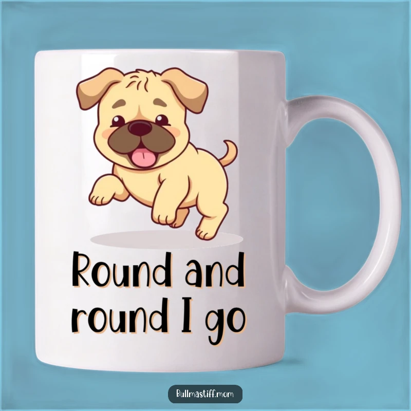 Funny Bullmastiff Tail Chase Mug: Goofy Floppy Ears, Hilarious Dog Action, Perfect Gift