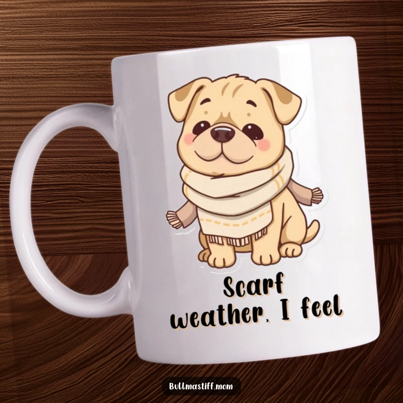 Funny Bullmastiff mug showing a content dog wearing a soft scarf, looking incredibly cozy and relaxed. Ideal gift for dog lovers.