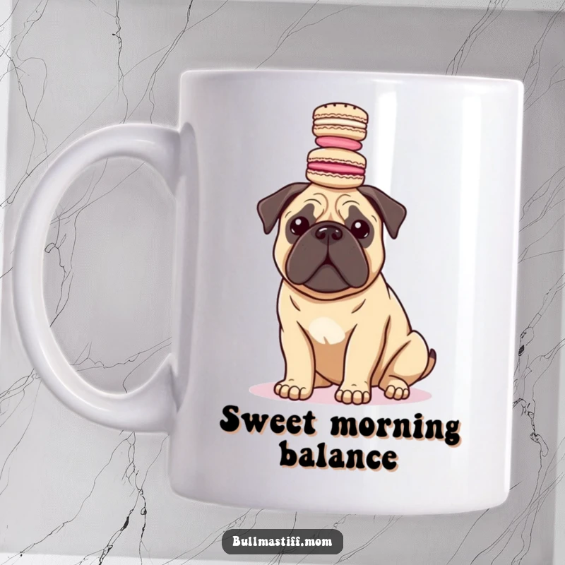 Funny Bullmastiff dog balancing a tall stack of colorful macarons perfectly on its head, featured on a mug.