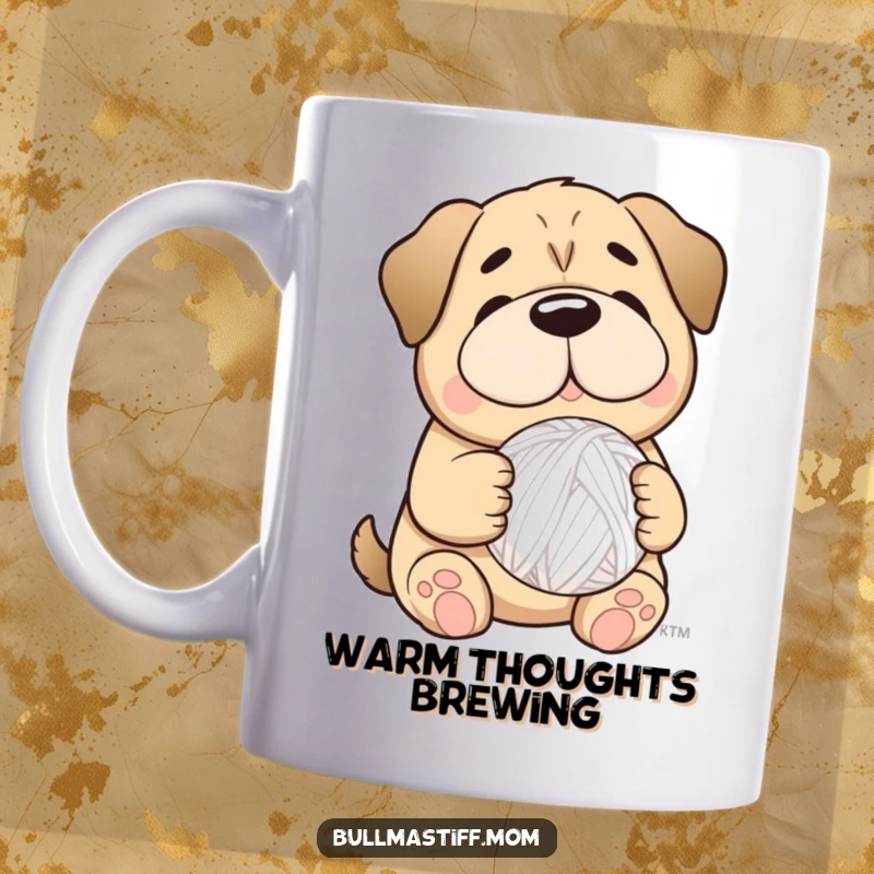 Funny Bullmastiff character with a gentle smile, holding a fluffy ball of yarn, conveying warmth and happiness.