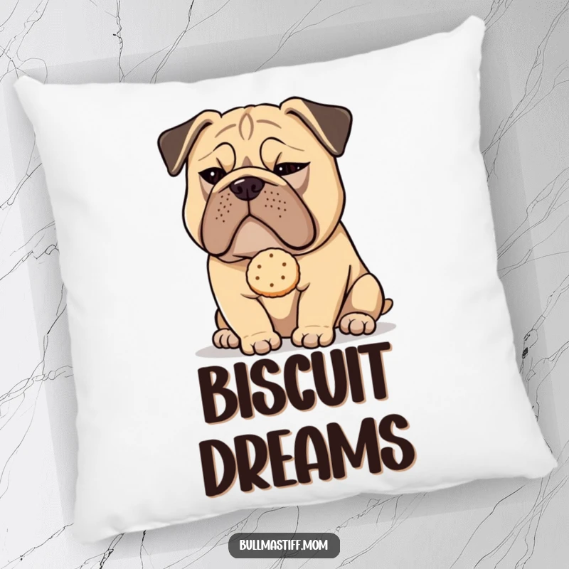 Funny Bullmastiff dog with a sly wink holding a tea biscuit, featured on a soft and decorative pillow.