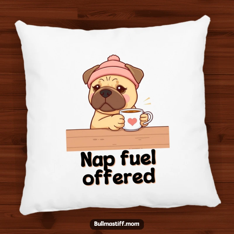 Funny Bullmastiff comfort pillow, a dog in a warm hat offering tea, providing humorous and cozy decor.