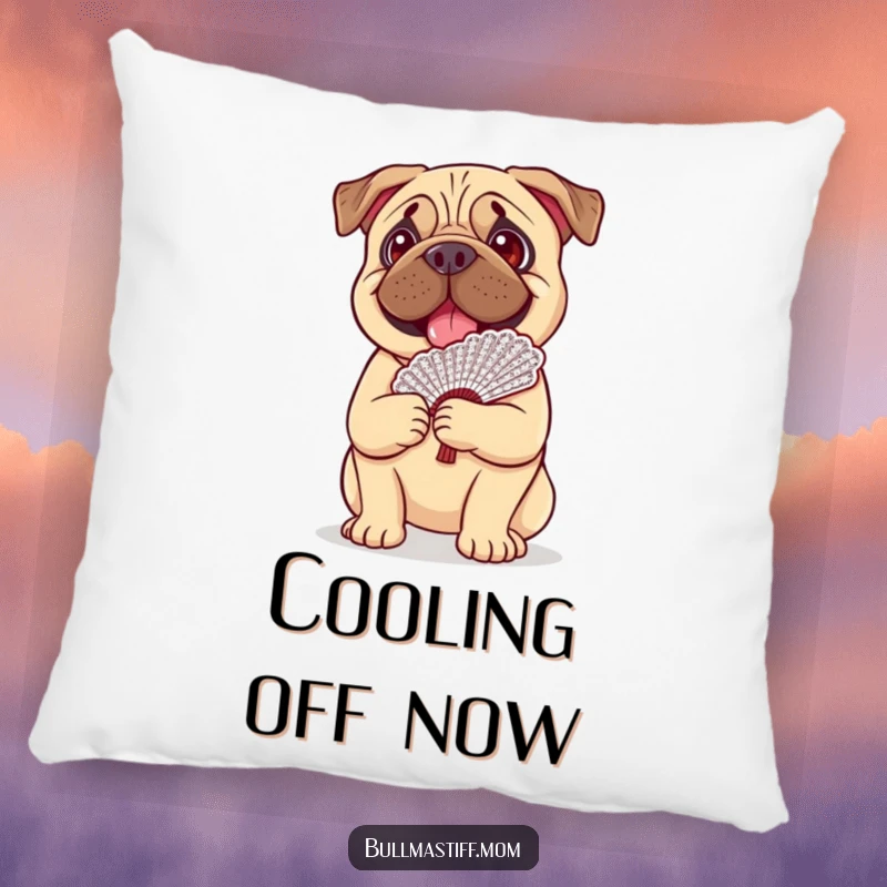 Funny Bullmastiff dog happily balancing a fancy lace fan on its head, featured on a soft and decorative pillow.