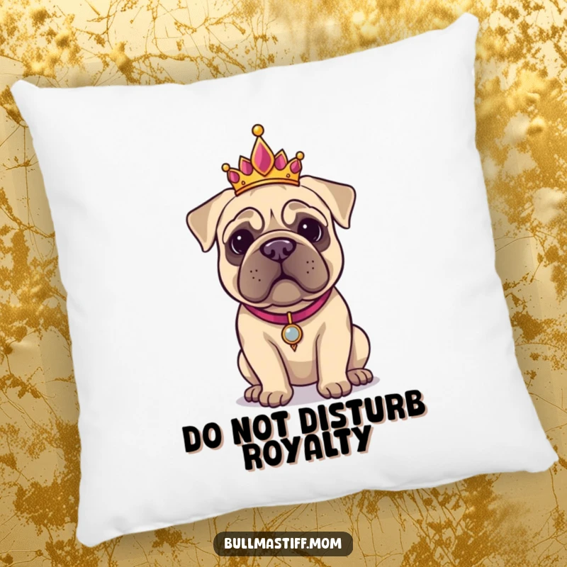 Funny Bullmastiff wearing a sparkling tiara, offering a regal and humorous touch to a plush pillow.