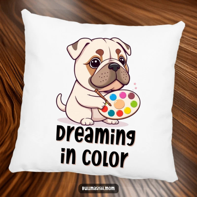 Funny Bullmastiff artist pillow featuring a happy dog with a paint palette, perfect for artistic relaxation.