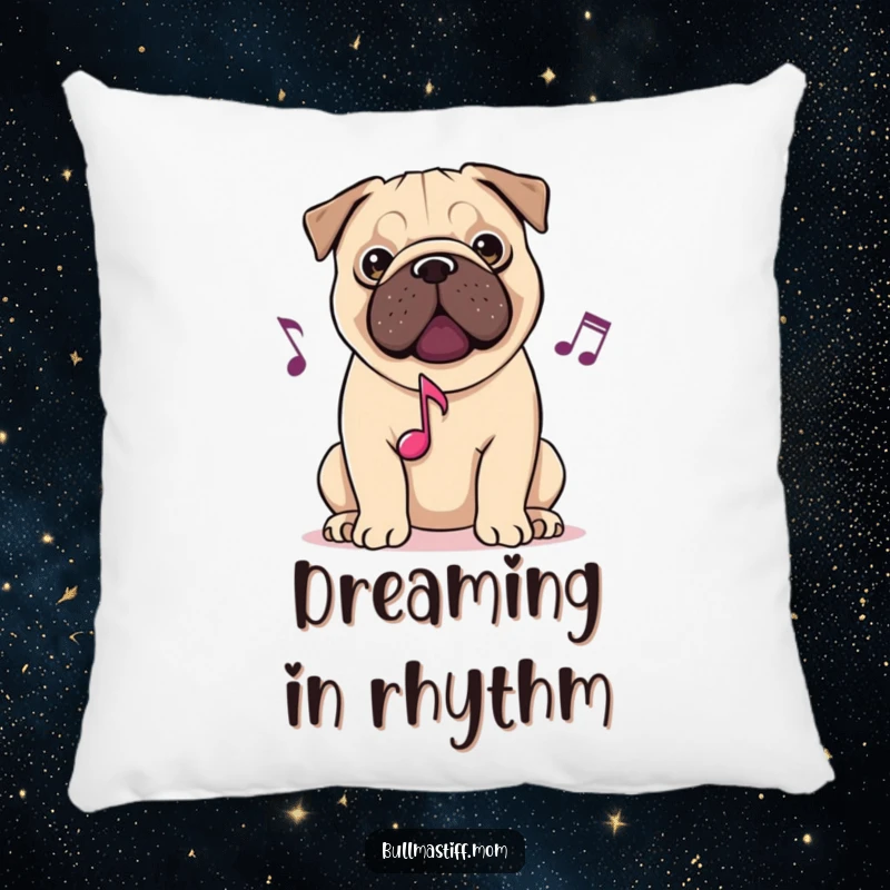 Funny pillow featuring a Bullmastiff with musical notes, soft and decorative, exuding canine charm and musical harmony.