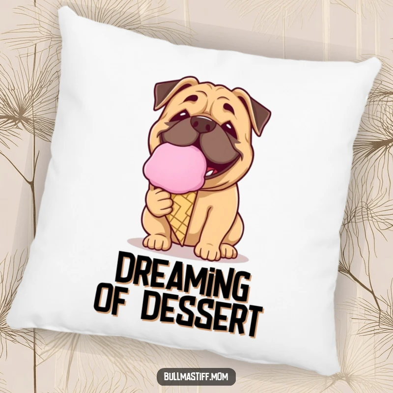 Funny Bullmastiff pillow featuring a dog with a playful grin licking a giant ice cream cone, sweet comfort.