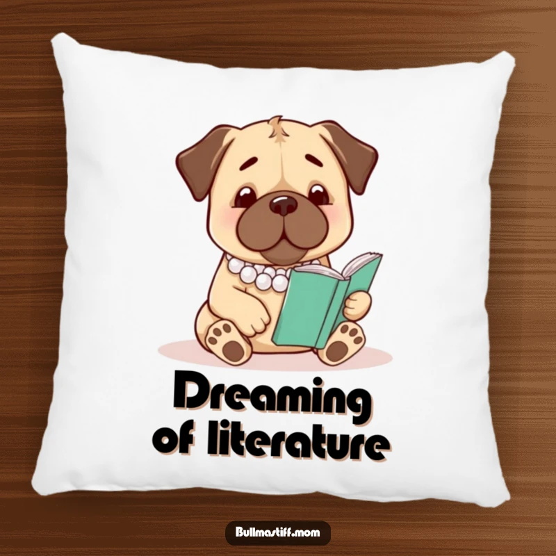 Funny Bullmastiff Pillow: A bullmastiff wearing pearls enjoys a book, offering plush comfort and humor.