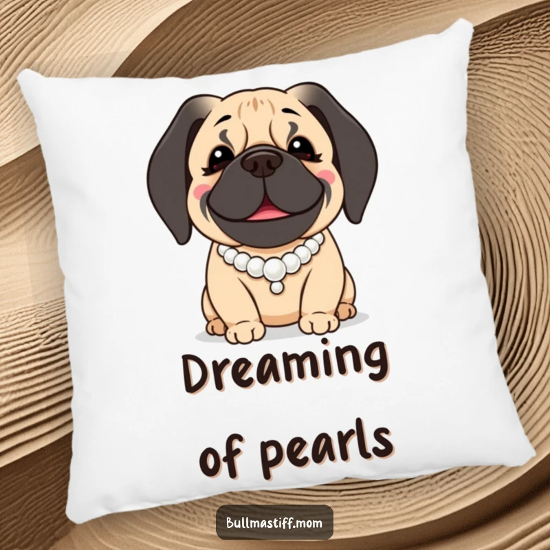 Funny Bullmastiff Pillow: A smiling Bullmastiff dog adorned with a pearl necklace rests comfortably.
