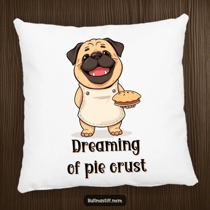 Funny Bullmastiff pillow featuring a happy dog in an apron, proudly holding a baked pie, perfect for adding humorous charm.