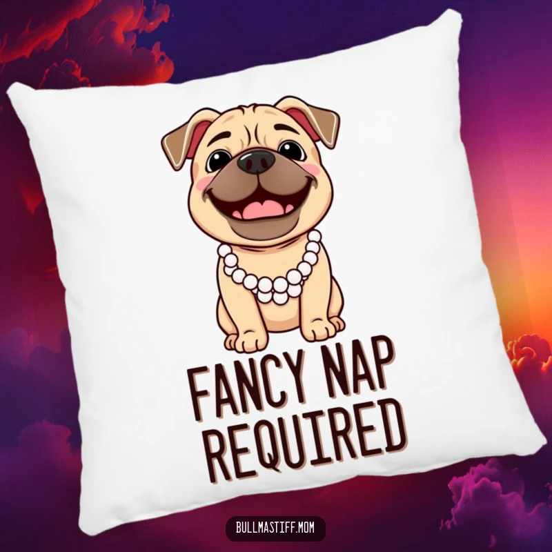 Funny Bullmastiff dog wearing a pearl necklace, smiling broadly, featured on a plush decorative pillow.