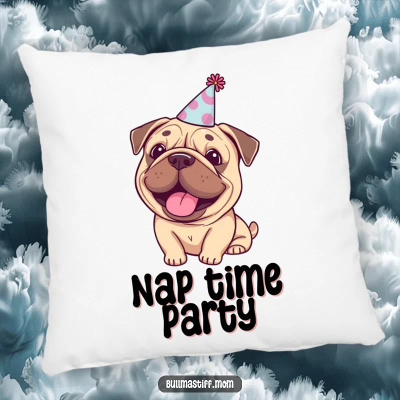 Funny Bullmastiff party pillow, a happy dog wearing a tiny party hat, providing festive comfort and decor.