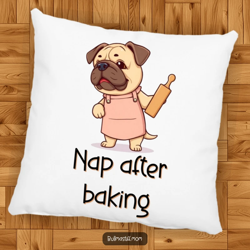 Funny Bullmastiff pillow featuring a dog in a cute apron proudly holding a rolling pin, kitchen comfort.