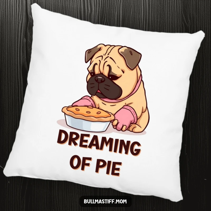 Funny Bullmastiff in oven mitts, looking at a pie, featured on a soft and humorous pillow.