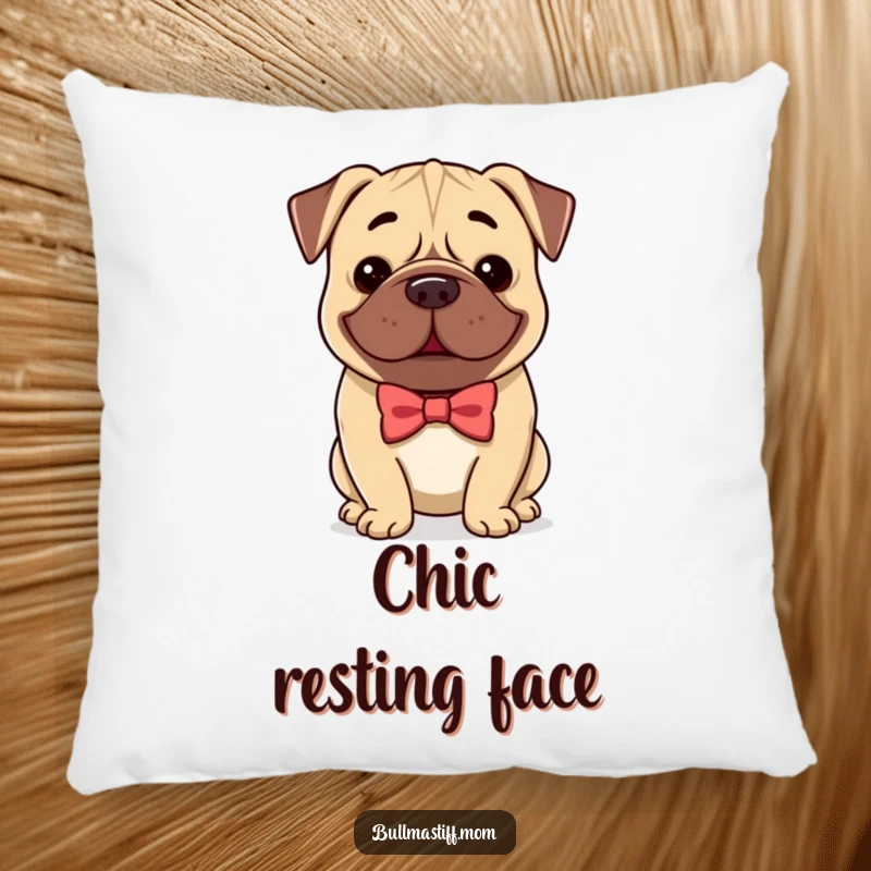 Funny Bullmastiff pillow with a smiling dog wearing a bow tie, adding a touch of elegance and humor to furniture.