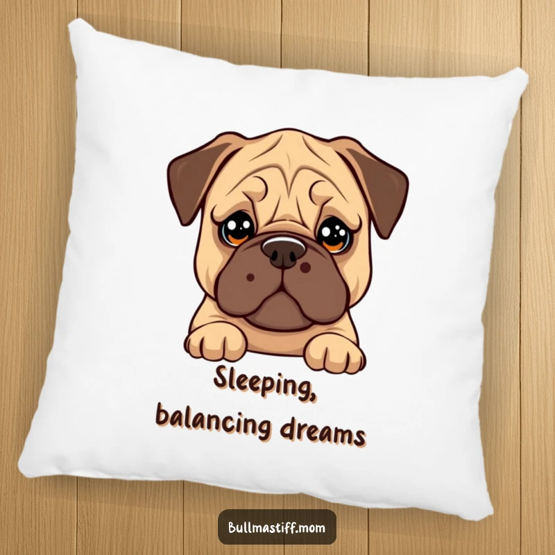 Funny Bullmastiff pillow featuring a dog with big, soulful eyes trying to balance a cookie on its nose.