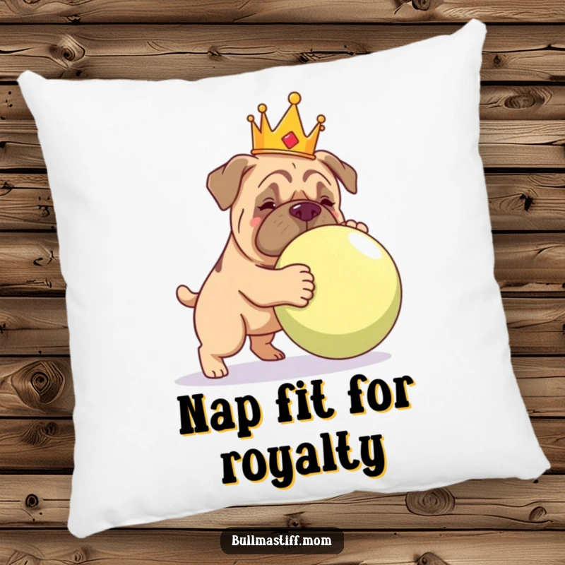 Soft pillow with a funny Bullmastiff wearing a crown, playfully nudging a large ball, a regal accent.