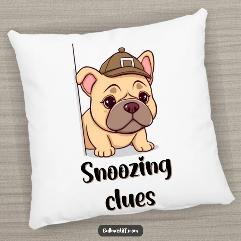 Funny Bullmastiff detective pillow, a dog in a tiny hat peeking out, providing humorous comfort and decor.