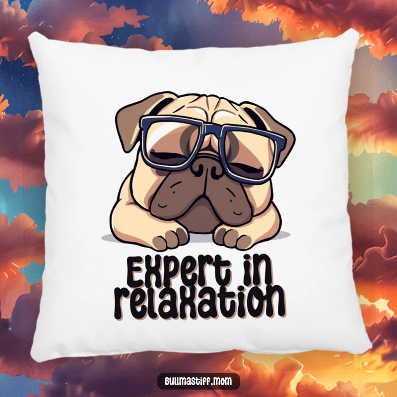 Funny Bullmastiff pillow with a dog sporting oversized glasses, depicted in a deep, contented nap, enhancing home decor.