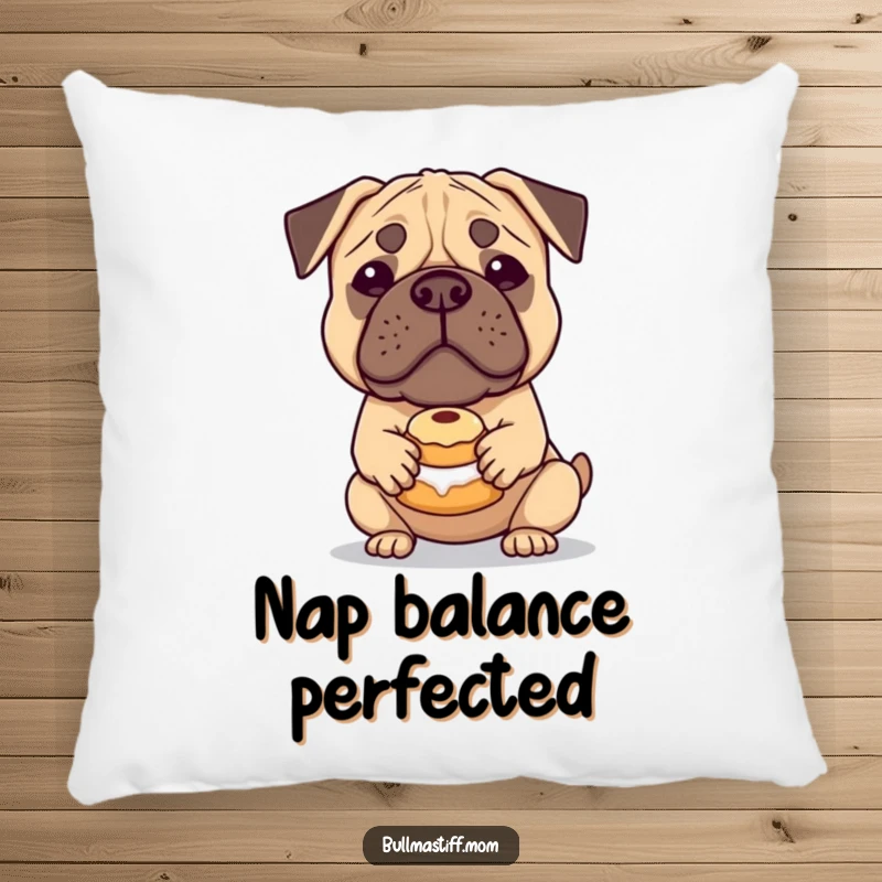 Funny Bullmastiff Pillow: A charming Bullmastiff balances a tiny pastry, offering soft, humorous comfort and a touch of sweetness.