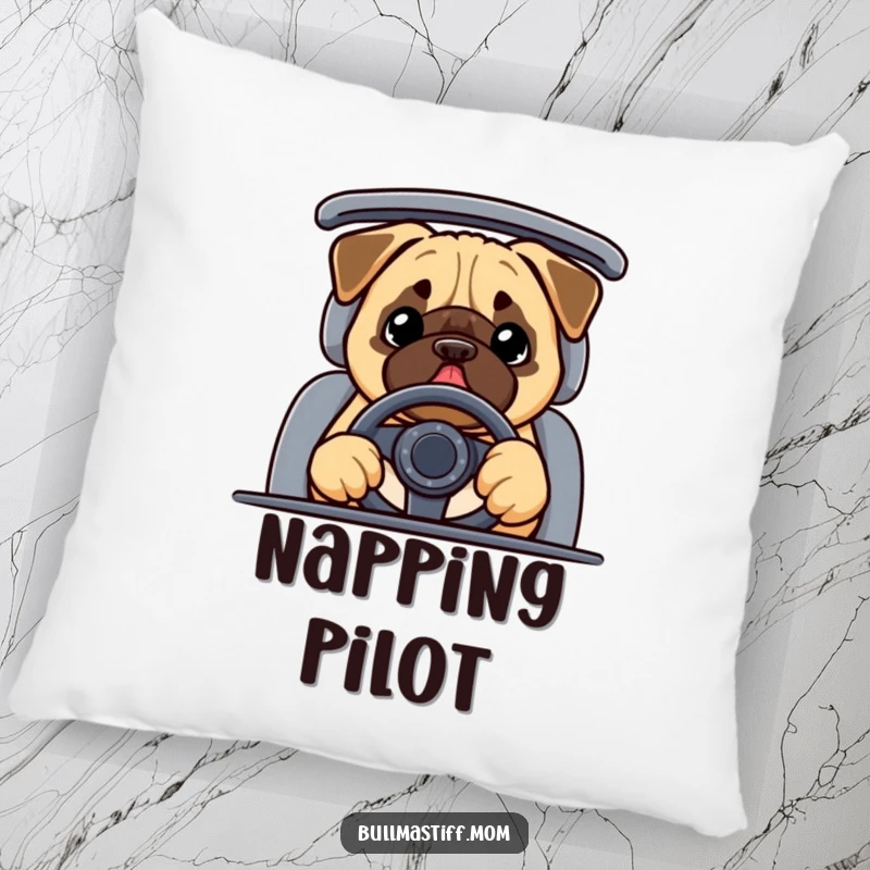 Funny Bullmastiff pillow featuring a happy dog with a steering wheel, adding comfort and humor to any couch.